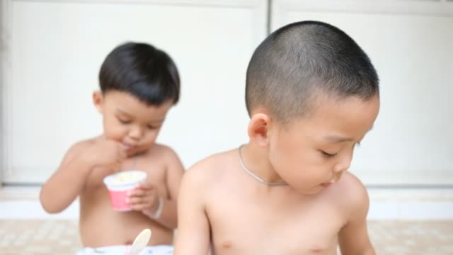 Two-brothers-enjoy-eating-ice-cream-on-summer