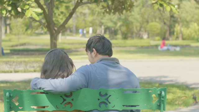 Happy-young-couple-relaxing-in-the-park-on-a-bench,-shot-from-back.-love-concept.