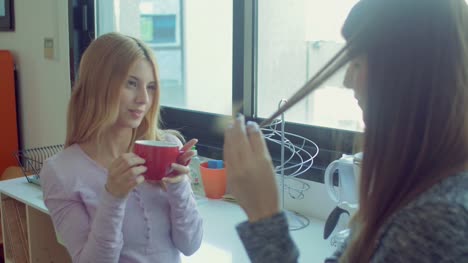 weiblichen-Kollegen-sprechen-während-der-Kaffeepause