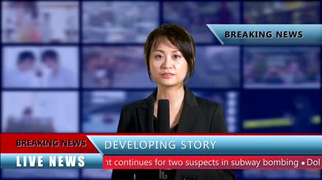 Asian-American-news-anchor-in-studio-with-lower-thirds,-Live-news-concept