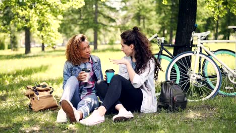 Fröhliche-junge-Dame-spricht-Afrikanische-amerikanische-Freundin-und-Take-Away-Kaffeetrinken-im-Park-an-der-schönen-grünen-Rasen.-Mädchen-sind-im-Chat-und-Getränk.