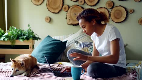 Chica-afroamericana-moderna-utiliza-laptop-y-beber-café-sentado-en-cama-con-Lindo-perrito-relajante-en-casa.-Tecnología,-concepto-de-personas-y-animales-domésticos.