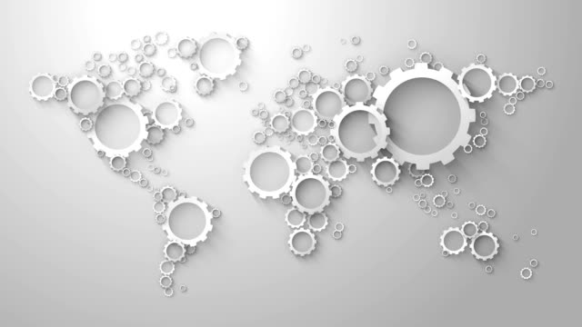 Weltkarte-der-weißen-Zahnräder-auf-grauem-Hintergrund-Schleife-animation