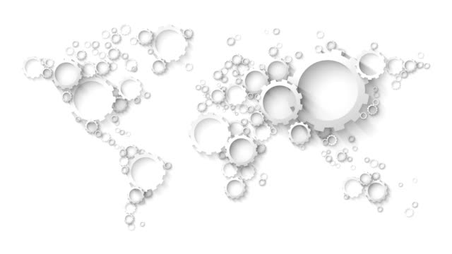 industrielle-abstraktes-Weltkarte-der-weißen-Zahnräder-auf-grauem-Hintergrund-Schleife-animation