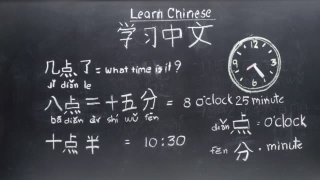 Lernen-Chinesisch,-Zeit-im-Klassenzimmer-zu-erklären.