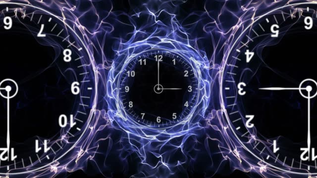 Three-Clocks-in-Fibers-Ring,-Time-Travel-Concept,-Background,-Loop,-4k