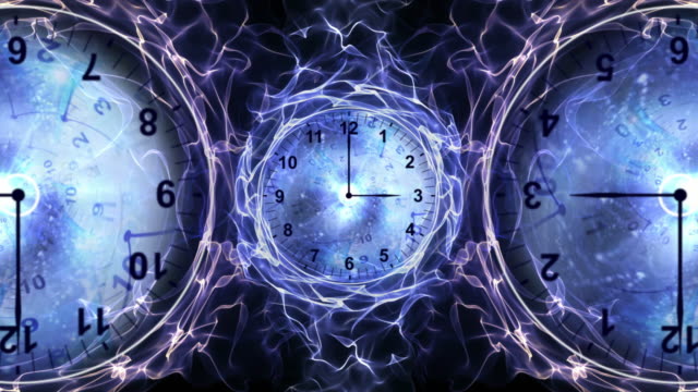 Three-Clocks-and-Tunnel-in-Fibers-Ring,-Time-Travel-Concept,-Background,-Loop