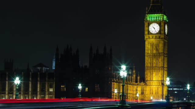 Time-lapse-4K-of-traffic-in-front-of-Big-Ben-at-night