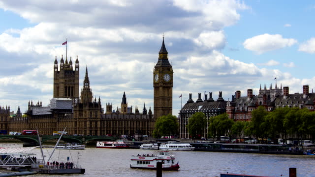 Big-Ben,-el-Parlamento-de-Westminster,-río-Támesis,-tiempo-transcurrido,-Londres
