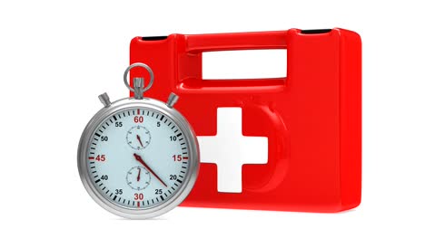 First-aid-kit-and-stopwatch-on-white-background.-Isolated-3D-render