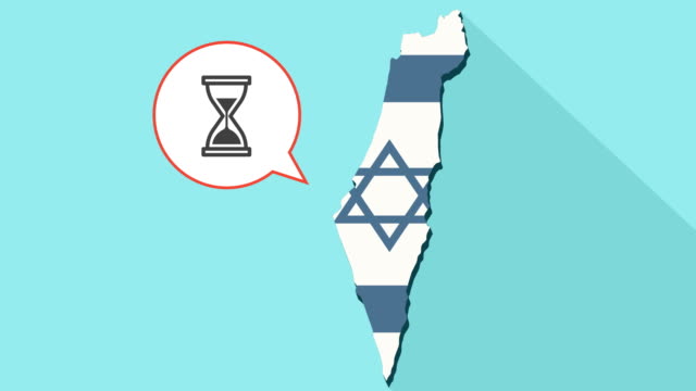 Animation-einer-langen-Schatten-Israel-Karte-mit-seiner-Flagge-und-eine-Comic-Sprechblase-mit-einer-Sand-Uhr