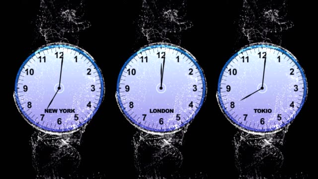 Welt-Zeit-Konzept,-drei-Uhren-in-Fasern-Ring,-Animation,-Hintergrund,-Schleife