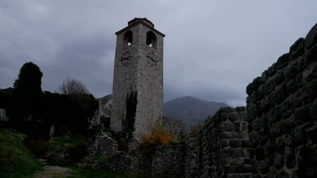 Montenegro,-Bar.-Remains-of-the-Fortress.-Clock-Tower.-Time-Lapse