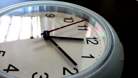 Wall-clock-with-twelve-oclock-and-a-red-ticking-arrow.-Professional-shot-in-4K-resolution