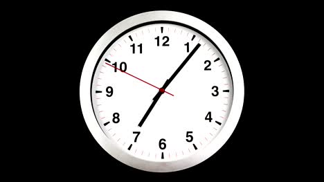 it's-seven-o'clock-already,-time-to-wake-up-for-breakfast,-modern-white-metallic-alarm-wall-clock-on-black
