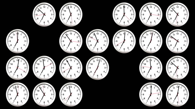 viele-Uhren-zeigen,-Zeit-zum-Aufwachen-für-Frühstück,-moderne-weiße-metallische-Wecker-auf-schwarzem-Hintergrund,-mit-alpha-Kanal