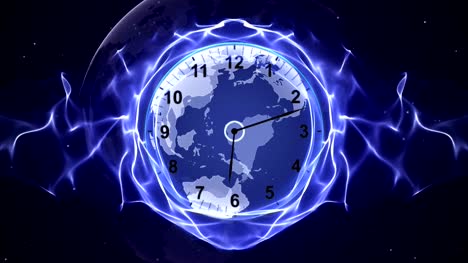 Clock-and-Earth-in-Fibers-Animation,-Rendering,-Time-Travel-Concept,-Background,-Loop