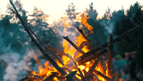 Großes-Lagerfeuer-die-Äste-brennen-in-der-Nacht-im-Wald-auf-dem-Hintergrund-der-Menschen