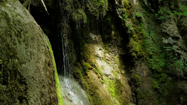 Zeitlupe,-Wasserfall-in-Bergen-in-high-Speed-Rolle.-Nahaufnahme-von-Quell-/Brunnenwasser-fällt-Tropfen-und-Spritzer-auf-grünem-Moos