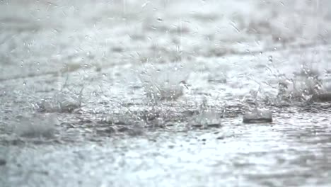 Slow-motion-rain-falling-on-ground,-Close-up-view