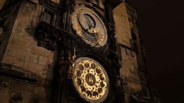 Highly-detailed-famous-astronomical-clock-in-Czechia-3840X2160-UHD-tilting-footage---Lighted-Prague-orloj-by-night-in-Czech-Republic-capital-slow-tilt-2160p-UltraHD-video