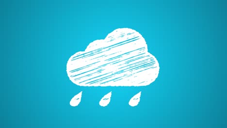 Si-icono-azul-nube-de-la-lluvia,-gotas-pintados-con-tiza-aislado-sobre-fondo-blanco,-animación-dibujados-a-mano,-4-K