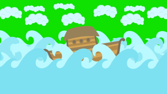 Noahs-Ark-Floating-In-The-Middle-Of-The-Sea-With-Cloudy-Sky-On-A-Green-Screen