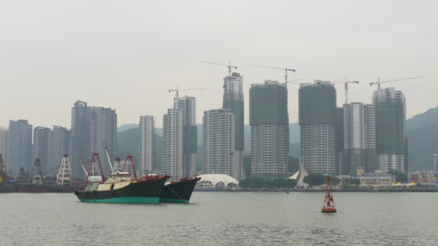 China-Macao-Bucht-Bau-Schiff-Verkehr-Stadtpanorama-4k