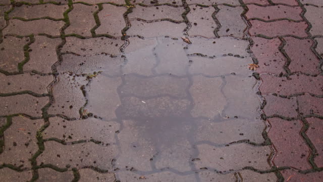 Timelapse-view-of-reflecte-sky-on-water-at-sidewalk-block-after-rain