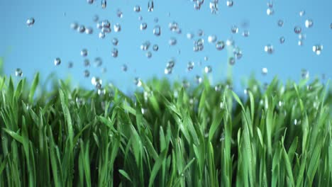 Water-falling-onto-green-grass-in-super-slow-motion