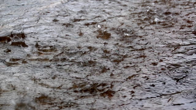 Slow-motion-raining-droplets-on-ground-heavy