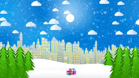 Motion-graphics-para-fondo-de-temporada-de-Navidad-con-copos-de-nieve-y-santa-en-la-ciudad