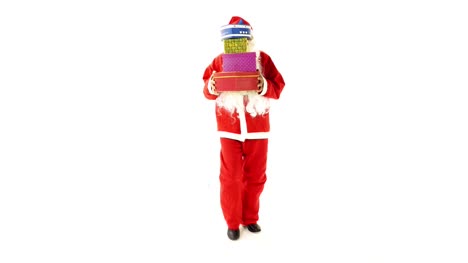 Der-Weihnachtsmann-ist-präsentiert-Geschenke-vor-weißem-Hintergrund