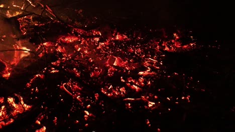 Red-hot-burning-embers-and-charcoal-on-bonfire-floor