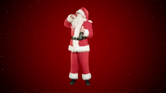 Wir-wünschen-Frohe-Weihnachten-und-trinken-Champagner-auf-rotem-Hintergrund-mit-Schnee-Santa