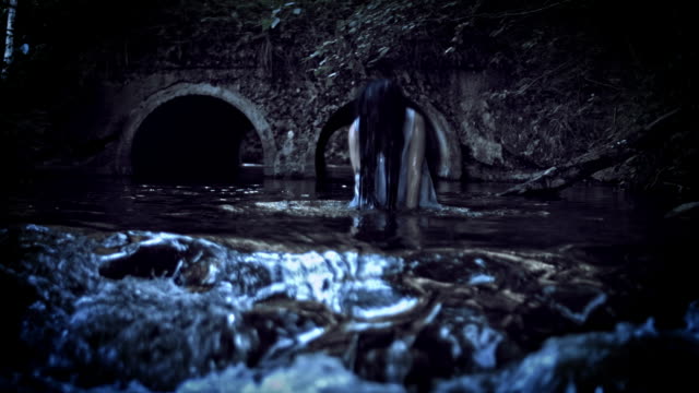 4K-Horror-Woman-Soaking-in-Water-River,-reverse