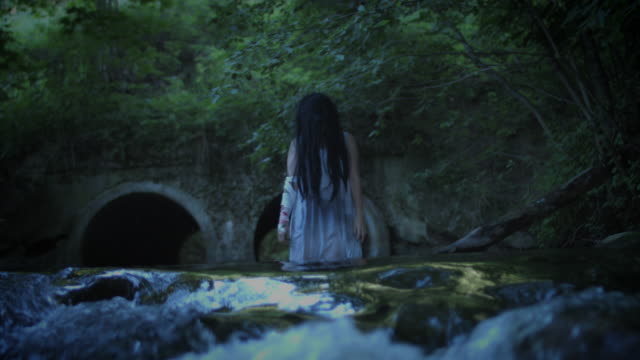 4K-Horror-Woman-Standing-In-Dark-River,-not-edited