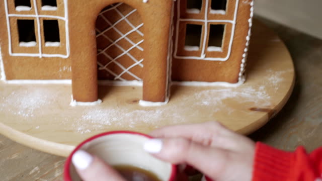 Schöne-Frau-mit-Winteroutfit-Teetrinken-mit-Lebkuchen-zu-Hause-in-der-Nähe-von-Christmas-tree