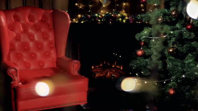 Christmas-fireplace.-Santa-Claus-chair-near-Christmas-tree.-4K.
