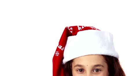 The-head-of-a-girl-dressed-in-a-Santa-Claus-hat-is-shown-close-up