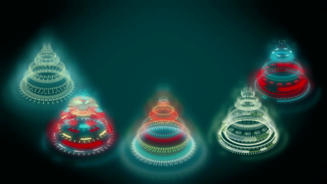 Stylized-bizarre-Christmas-trees,-blue-background-composed-of-multicolored-mechanical-spiral-wheels.