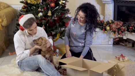 Feliz-en-el-amor-de-pareja-con-su-perro-cerca-de-árbol-de-Navidad