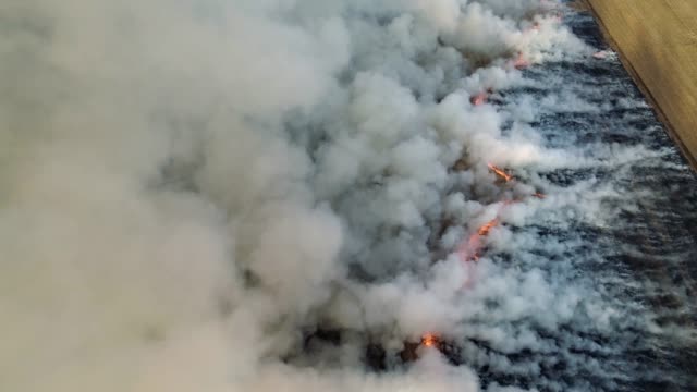 Smoke-coming-from-burning-stubble-in-a-field.-Aerial-footage-from-above.-4K,-UHD