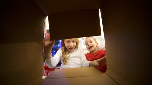 The-happy-kids-open-the-box-near-the-christmas-tree