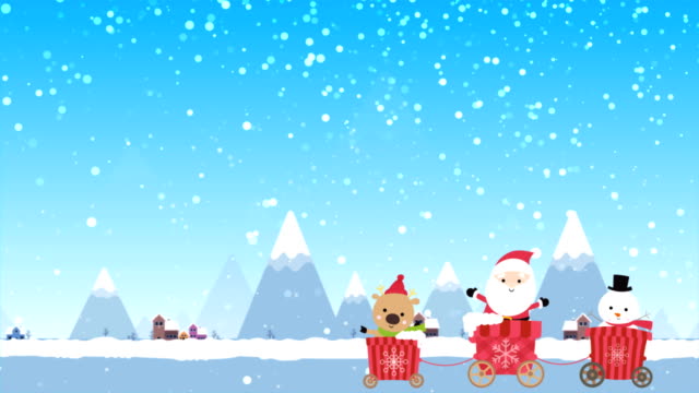 Cartoon-animation-character-of-Christmas-santa-reindeer-and-snowman-in-the-cart-moving-pass-winter-town-and-mountain-with-snow-falling