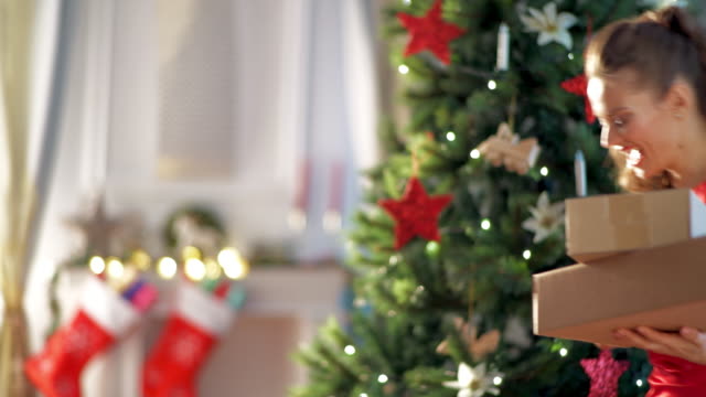 moderne-Hausfrau-mit-Parzellen-in-der-Nähe-von-Weihnachtsbaum-lächelnd