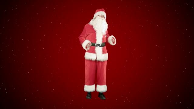 Weihnachtsmann-Tanz-auf-rotem-Hintergrund-mit-Schnee