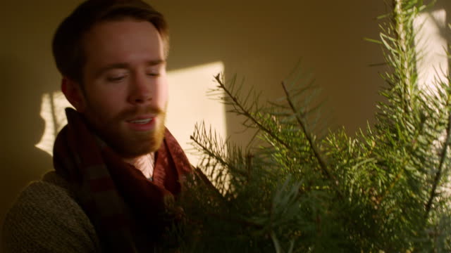 Joven-sosteniendo-un-árbol-de-Navidad-en-casa