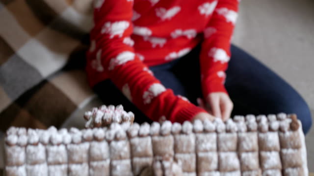 Schöne-Frau-mit-Winteroutfit-Teetrinken-mit-Lebkuchen-zu-Hause-in-der-Nähe-von-Christmas-tree