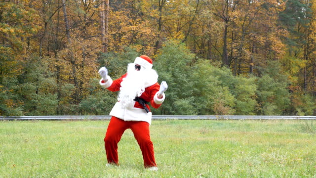Santa-Claus-ist-auf-der-Wiese-tanzen.-Wald-im-Hintergrund.-50-fps